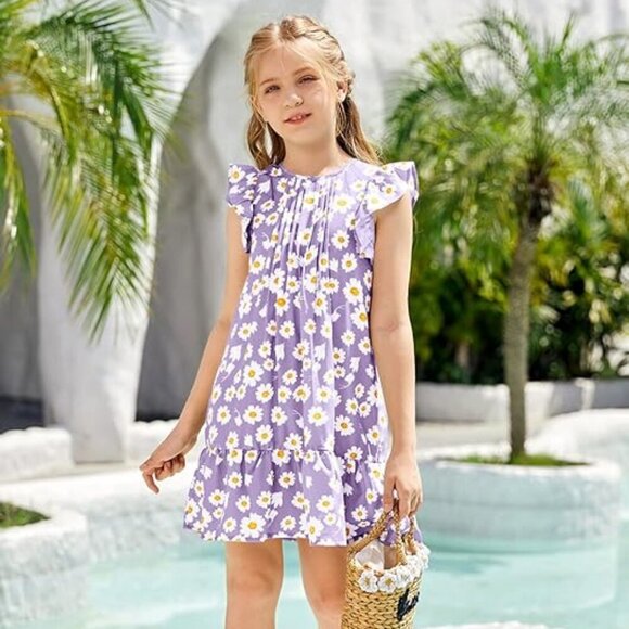 Girls Floral Sundress Ruffle Sleeveless Casual Crewneck Summer Holiday Dresses - Picture 1 of 13